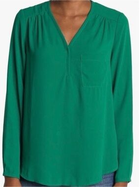 Pleione Green V-Neck Long Balloon Sleeve Blouse w/Flowy Fit MEDIUM